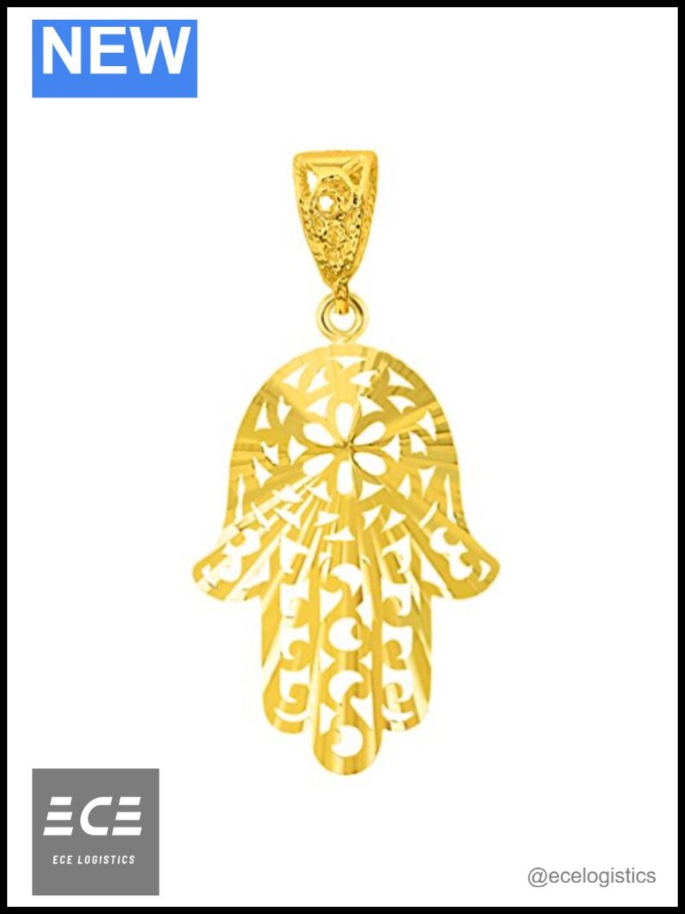 14k Solid Yellow Gold Textured Filigree Hamsa Hand of Fatima Pendant